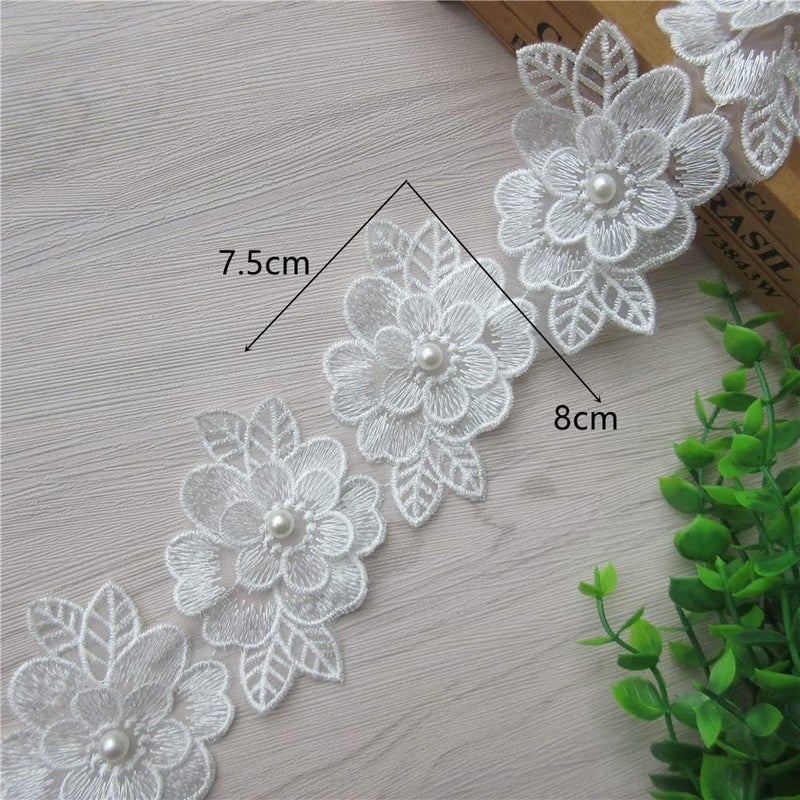 SHBBON 2 Yards 3D Flower Lace Trim Pearl Embroidered Polyester Lace Ribbon Fabric Applique Patchwork for Wedding Dress Handmade DIY Sewing Craft Supplies Decoration (White) - Image 2